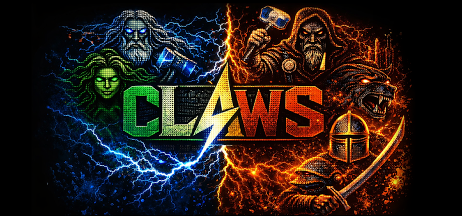 CLAWS key art showing opposing factions surrounding the CLAWS logo